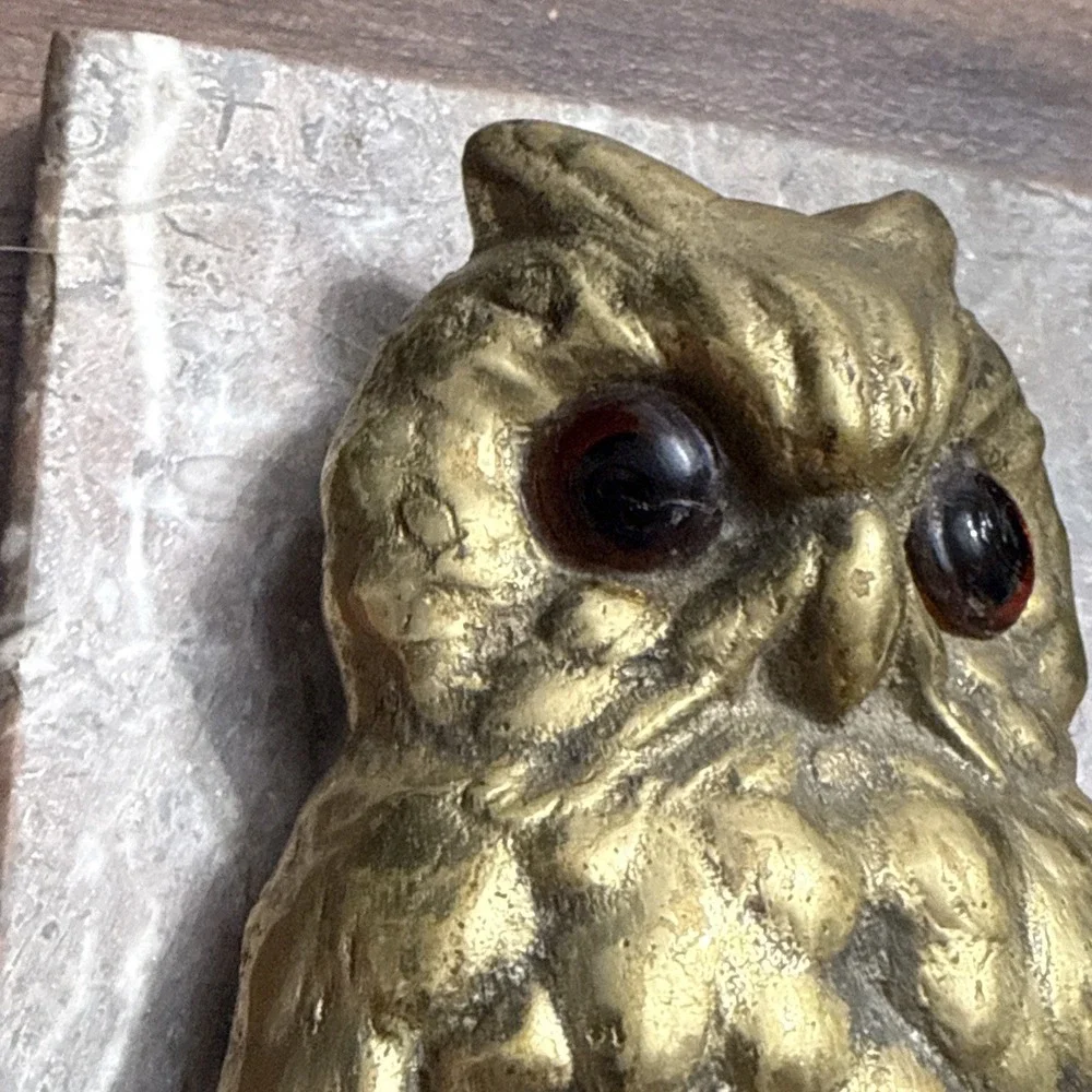 Antique OWL Figural Brass & Marble Desktop Paper Holder Paperclip Vintage Unique